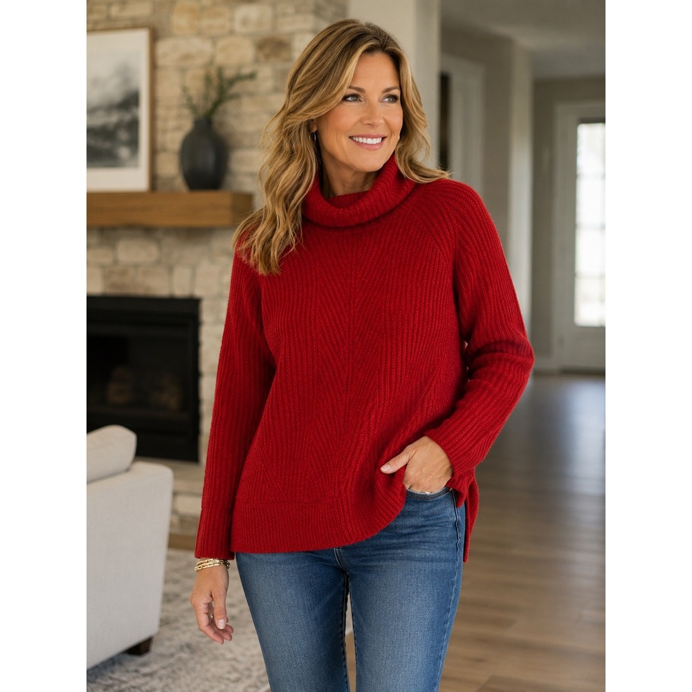 Madewell Womens Red Ribbed Wool Blend Turtleneck Sweater Relaxed Fit Large